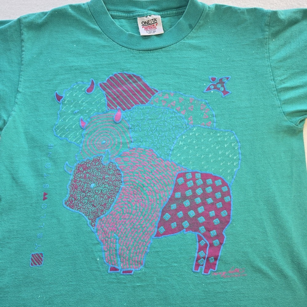 Vtg 1991 Yellowstone Shirt Large Oneita Nancy Kalten Buttons Bison 90s USA READ